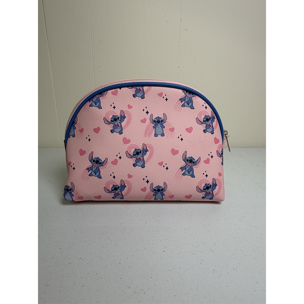 Disney Lilo & Stitch Cosmetic Makeup Bag Pink Heart Print Zip Pouch