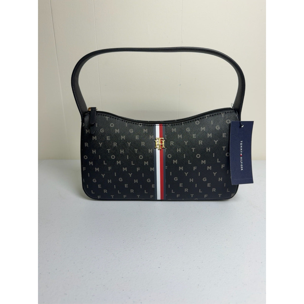 Tommy Hilfiger Monogram Shoulder Bag Black Red White Stripe Gold Logo