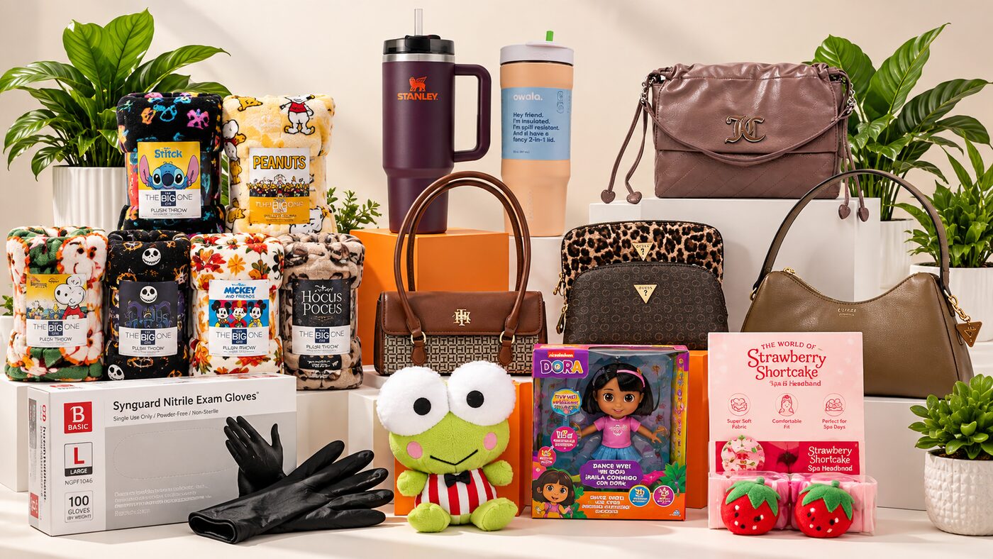 A collection of products: blankets, tumblers, handbags, plush toys and more