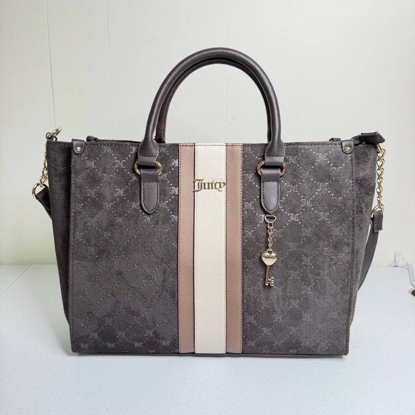 Juicy Couture Logo Tote Bag Grey Brown Heart Key Charm Gold Hardware