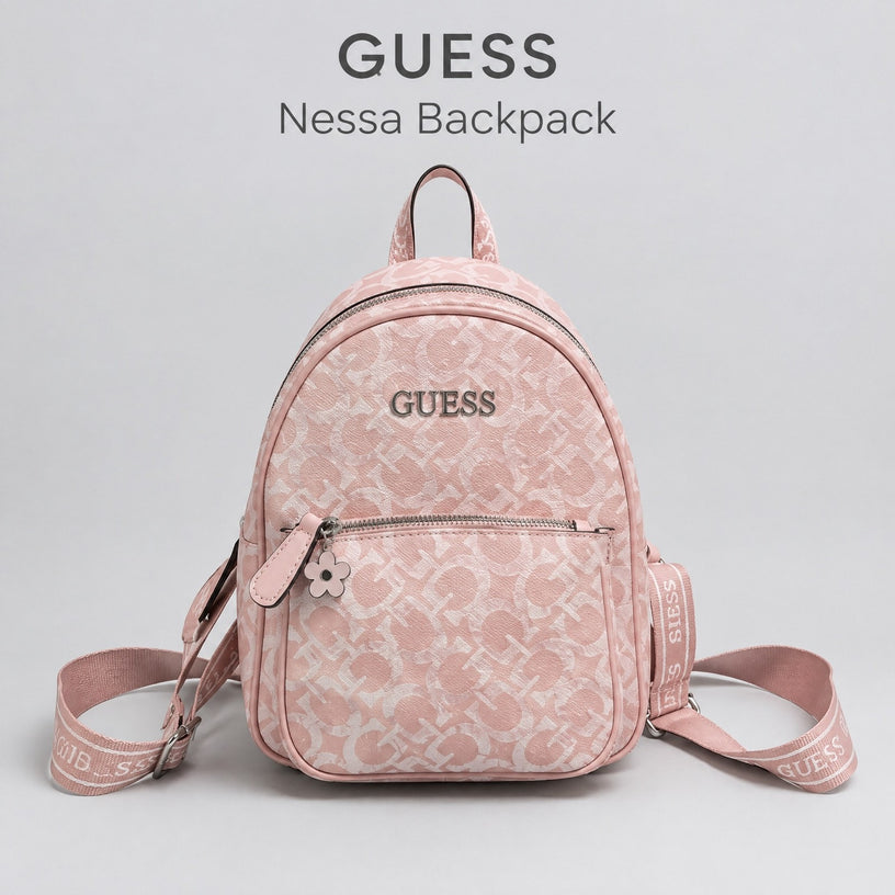 GUESS Nessa Mini Backpack Blush Pink Monogram Logo Adjustable Strap Purse