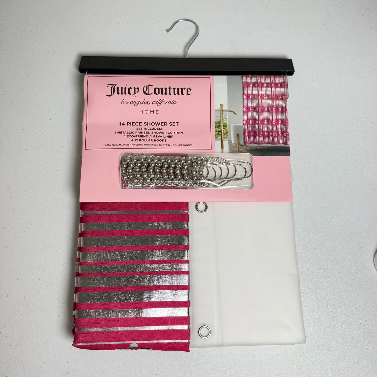 Juicy Couture 14 Piece Shower Curtain Set Metallic Pink Stripe & Liner