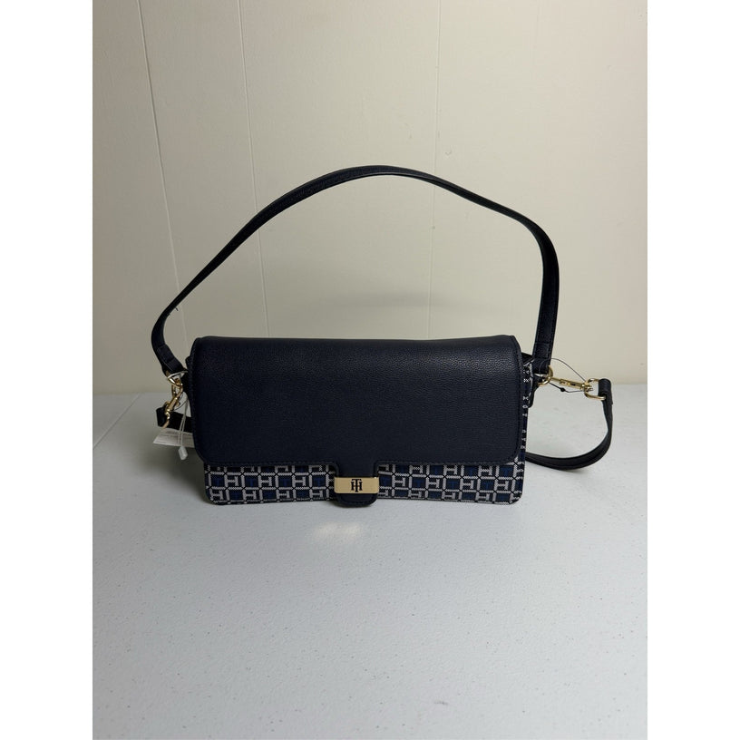 Tommy Hilfiger TH Monogram Flap Shoulder Bag Navy Blue Gold Hardware