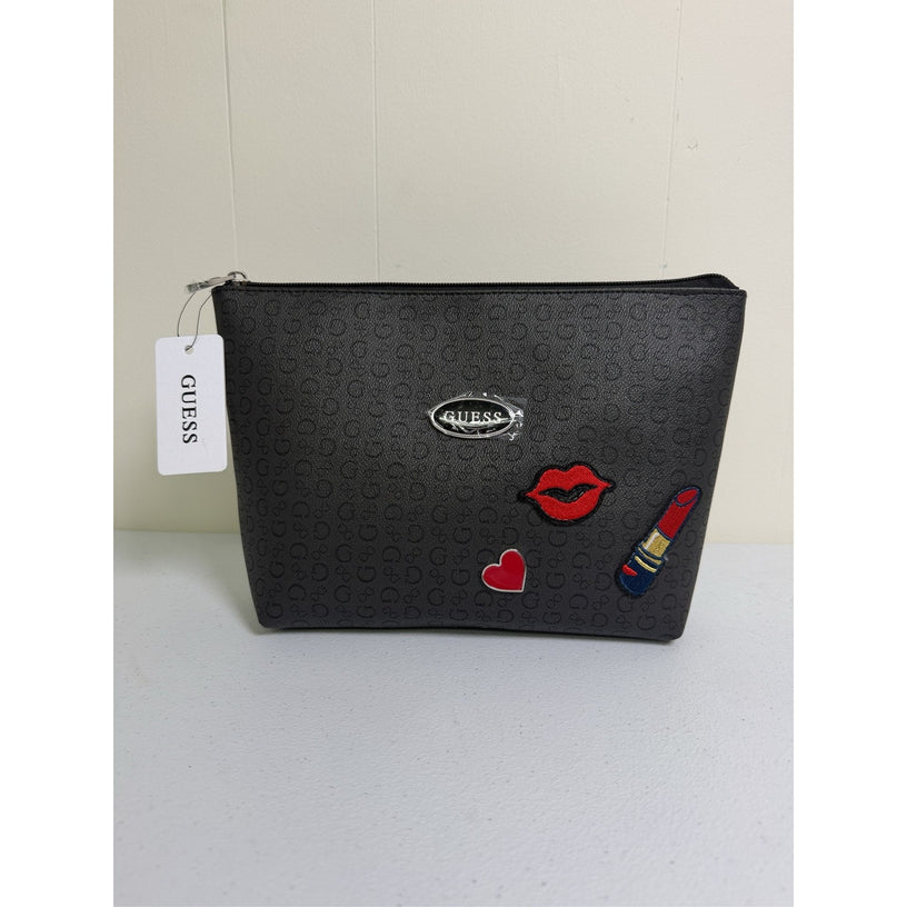 GUESS Makeup Bag Cosmetic Pouch Black Lips Lipstick Heart Patch Logo