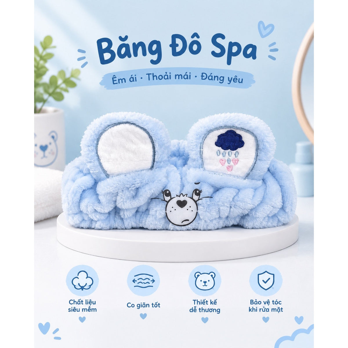 Care Bears Grumpy Bear Spa Headband Makeup Hair Wrap Blue Plush