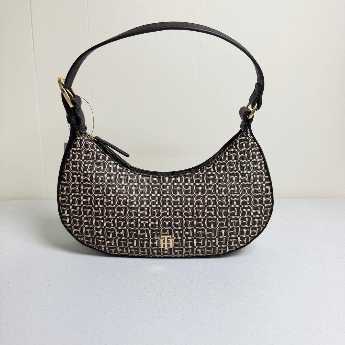 Tommy Hilfiger Monogram Jacquard Hobo Shoulder Bag Black Beige Gold Tone