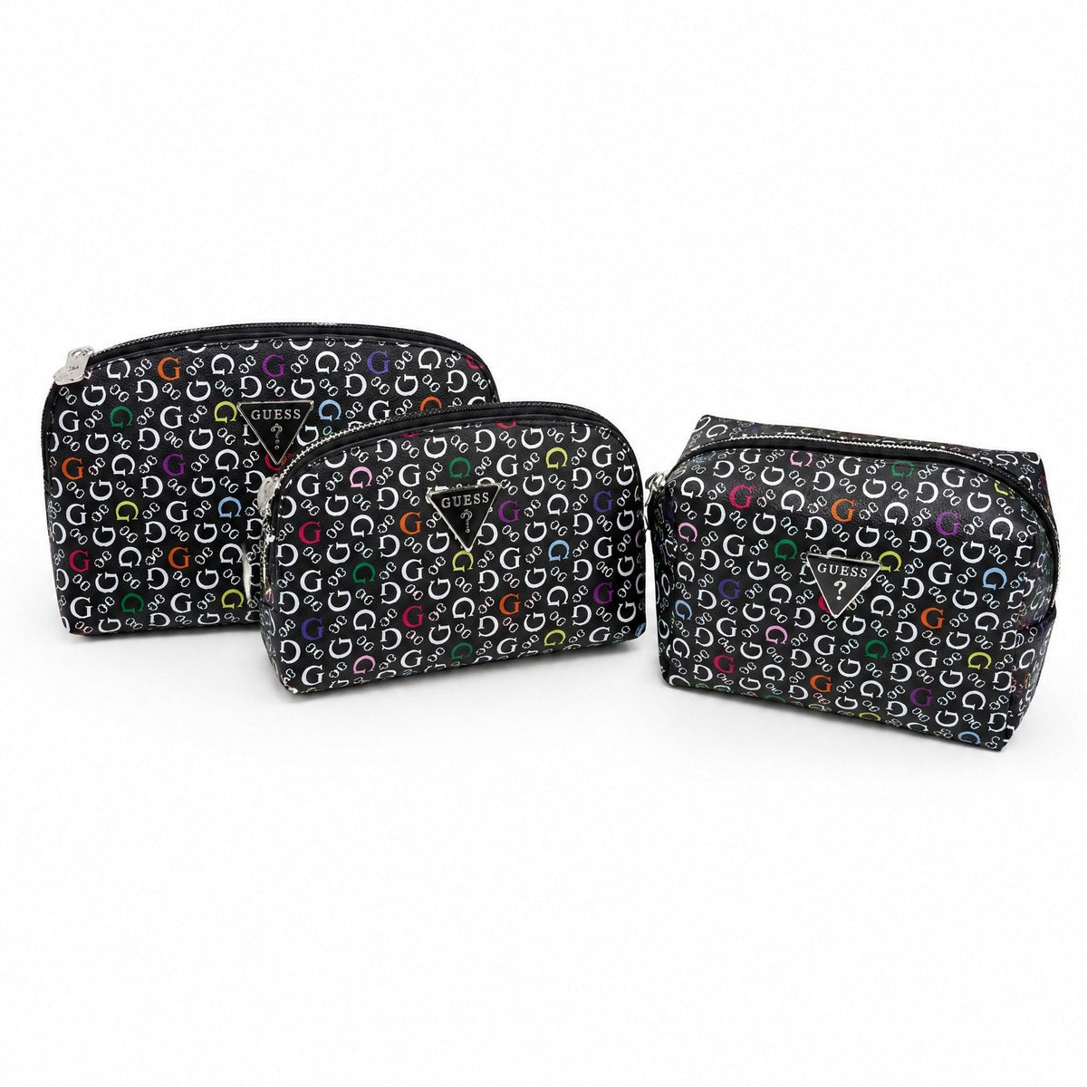 GUESS 3-Piece Cosmetic Bag Set Multi-Color Logo Print Travel Pouch
