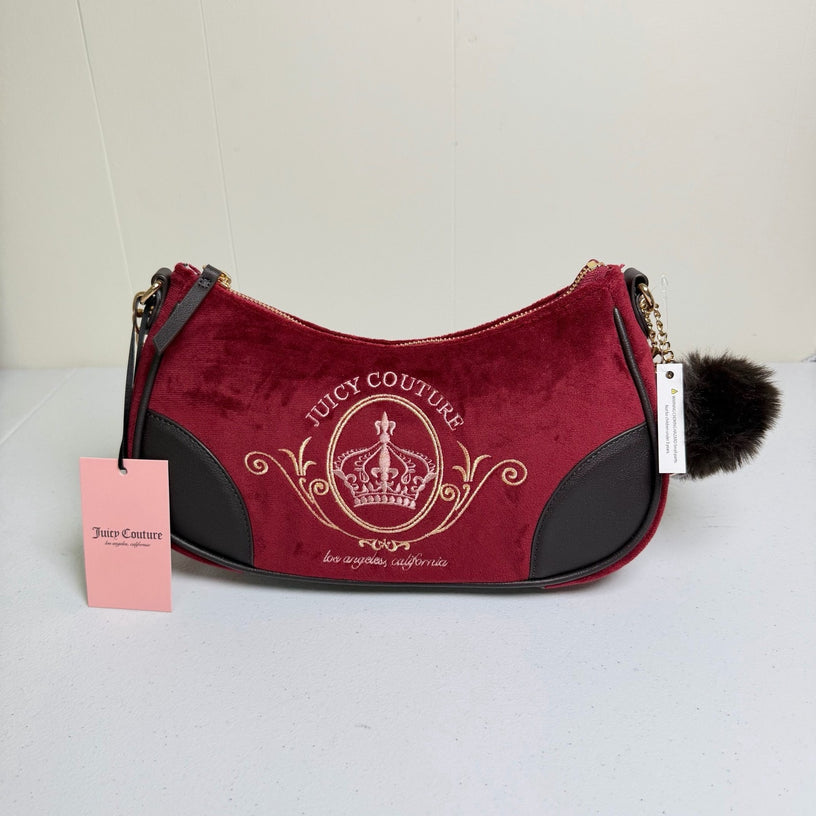 Juicy Couture Cranberry Velour Hobo Shoulder Bag Gold Crest Pom Pom