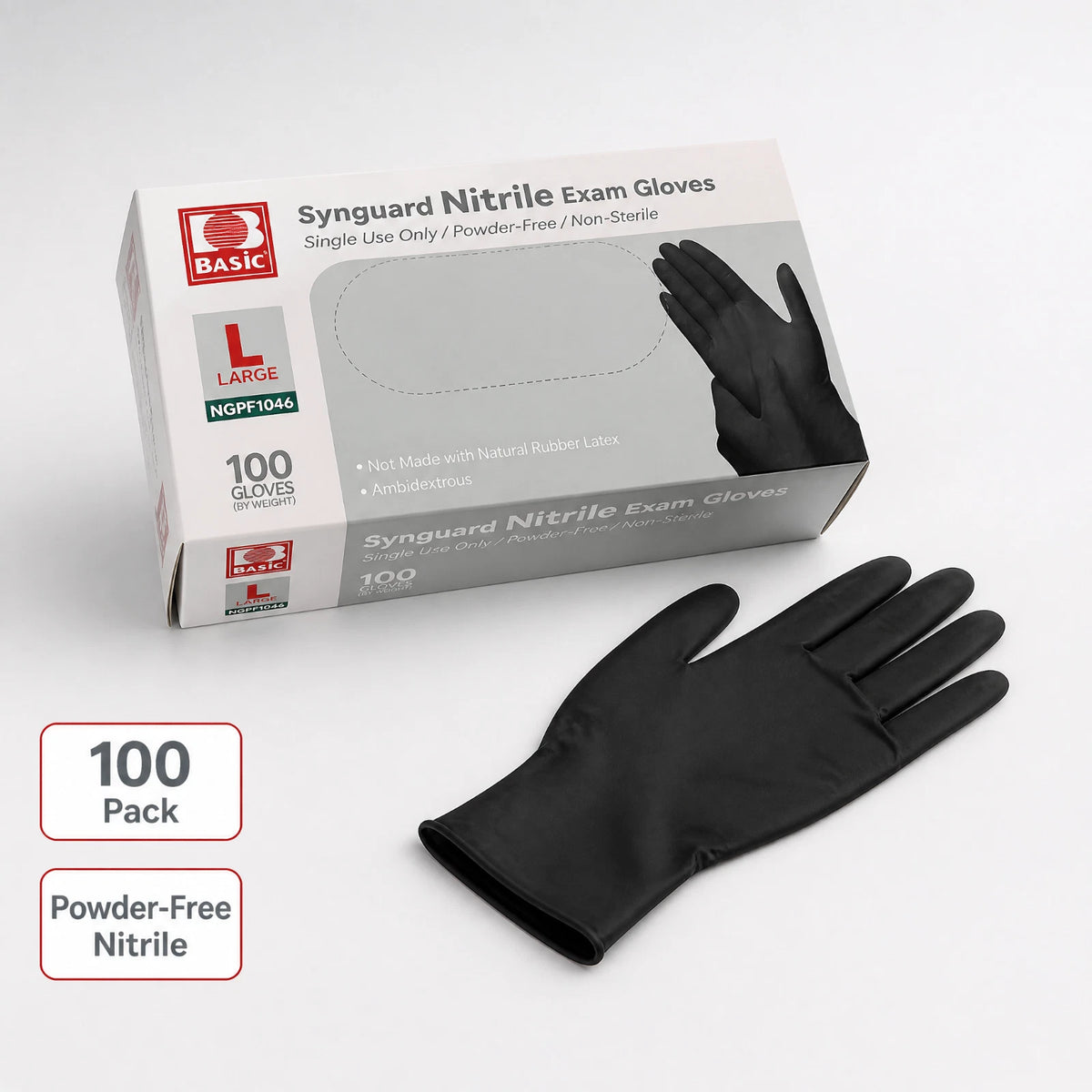 Basic Medical Synguard Nitrile Exam Gloves Large 100 Count Powder Free Black