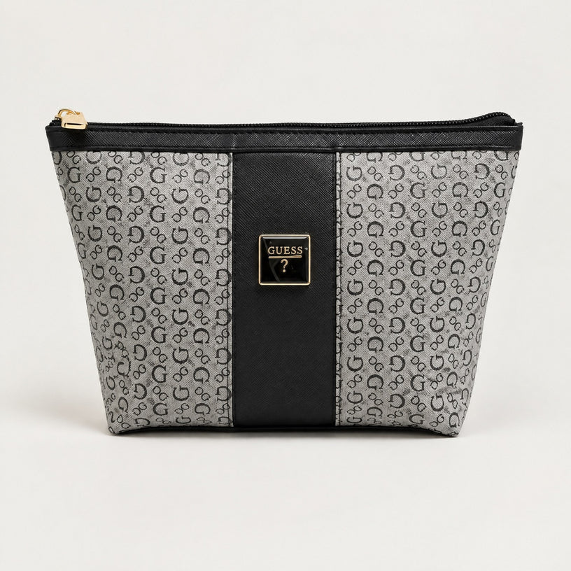 GUESS Cosmetic Bag Gray Black Logo Print Zipper Travel Pouch